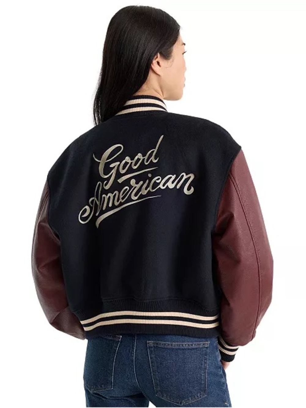 NWT;Good American Black Bomber Jacket with Burgundy and Sleeves⚫️